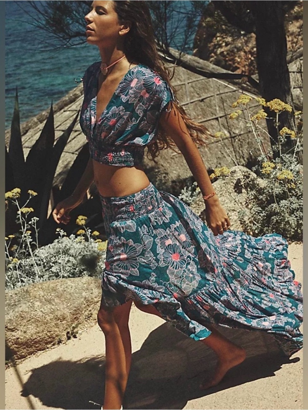 Free People Morning Sun Crop Top and High Low Maxi Floral Teal Size M NWT